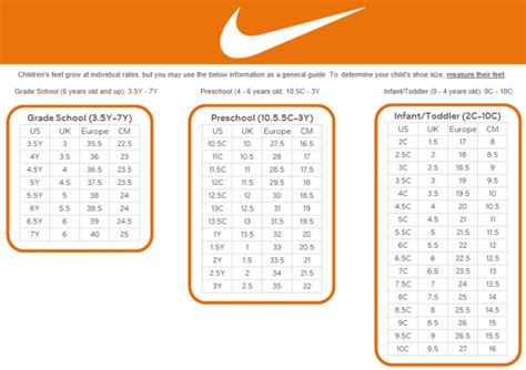 Kids' Footwear Size Chart. Nike.com.